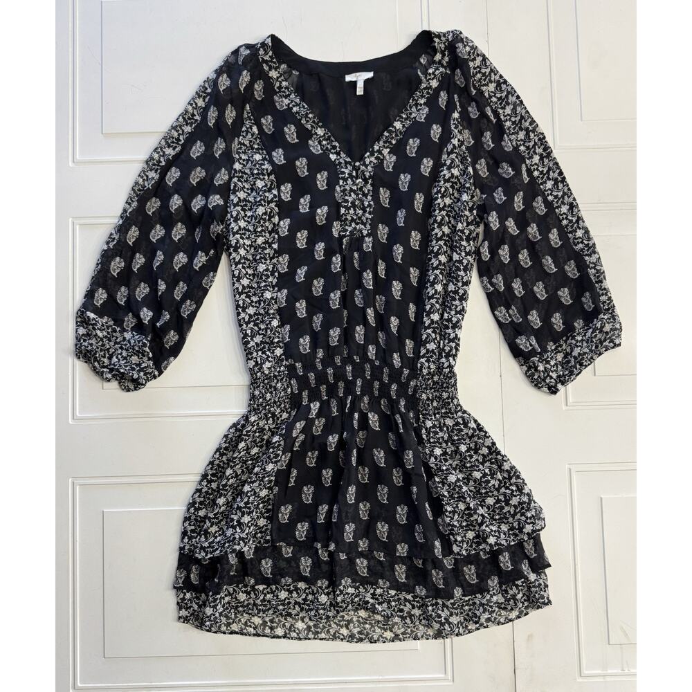 Joie 100% Silk Black White Dress Floral Ruffle Long Sleeve V Neck Size Medium M